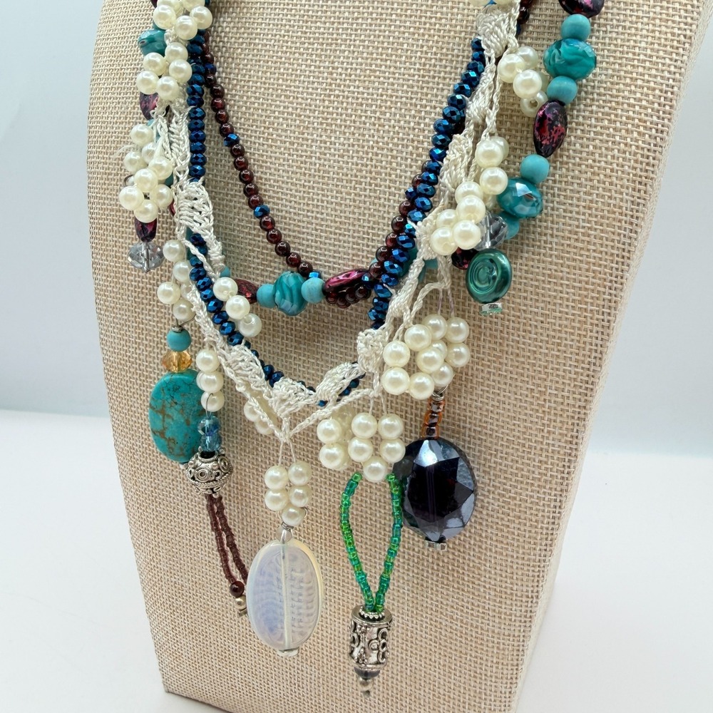 Vintage Y2K Multi Strand Beaded Turquoise Pearl Necklace Boho Statement Jewelry - Picture 9 of 14